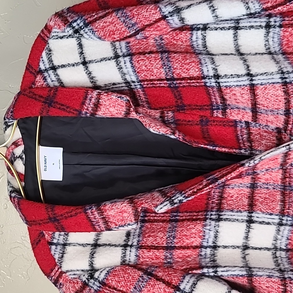 Old Navy Overcoat Novel Red Plaid Wool Blend Jacket Size XL - Picture 3 of 14